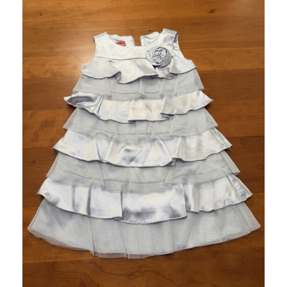 Kate Mack Girls Size 4 Silver A-Line Satin Sleeveless Knee Dress Ruffle Flower